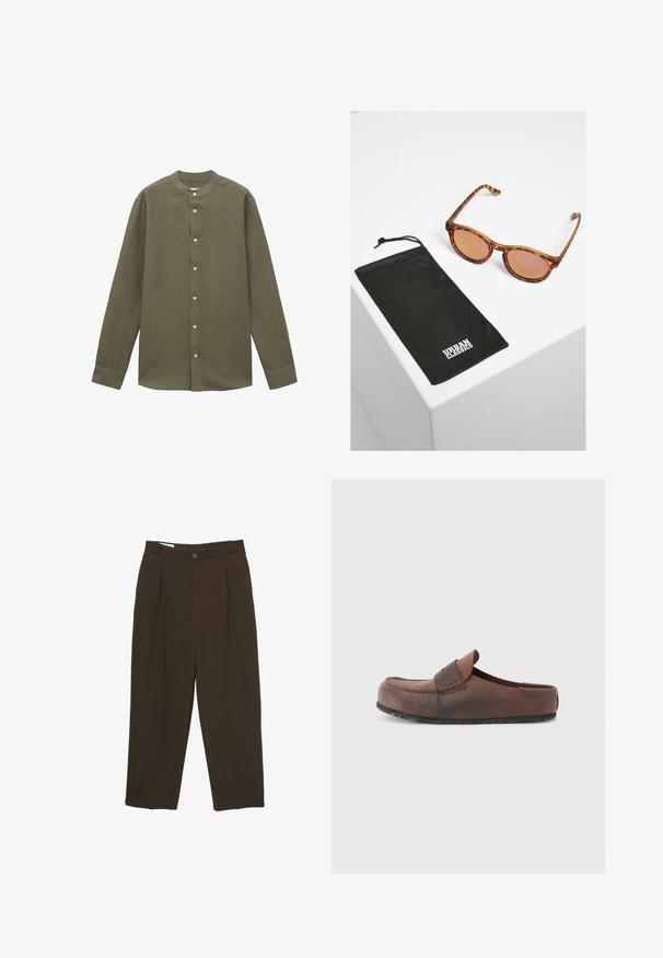Košeľa s dlhými rukávmi v olivovo zelenej farbe s golierom typu band, vyrobená z textúrovanej tkaniny, so zapínaním na gombíky vpredu a jednobunkovými manžetami.; Tmavohnedé nohavice na mieru s prednými skladmi, pútkami na opasok a zapínaním na gombík v oblasti pásu.; Hnedé kožené nazúvacie topánky s okrúhlou špičkou, dekoratívnym prešívaním a textúrovanou gumovou podrážkou. Jednoduchý dizajn a minimálne akcenty.; Hnedé korytnačie okuliare s ružovými šošovkami v retro štýle. Súčasťou balenia je čierny textilný obal s logom "URBAN CLASSICS".