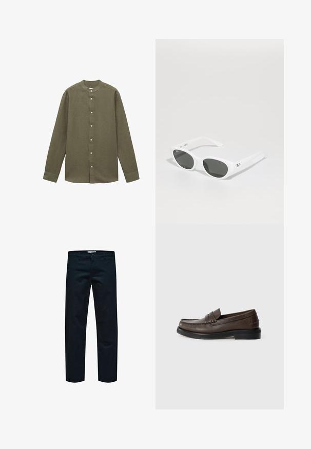 Langærmet olivengrøn skjorte med båndkrave, lavet af et tekstureret stof, med frontknaplukning og én knap ved ærmerne.; Sorte bomuldsbukser med lige ben, der har en enkel knaplukning og standardlommer. Glat tekstur og ingen synlige mønstre.; Brun læderloafer med synlig syning på tåen, flad sål og lav stablet hæl. Glat tekstur med minimalistiske designelementer.; Hvide solbriller med runde stel og mørke linser. Har en glat plastoverflade og et lille logo på stangen.