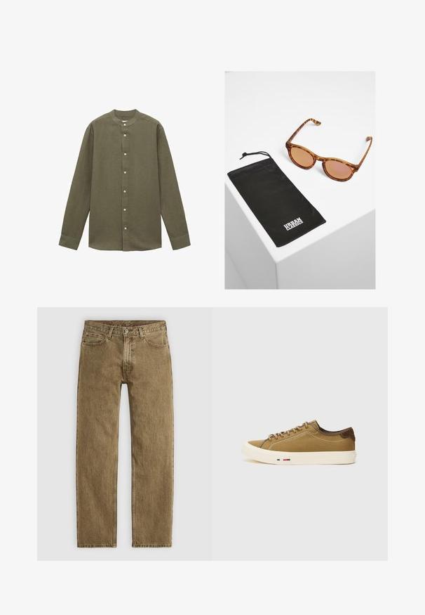 Langärmliges olivgrünes Hemd mit Stehkragen, aus einem strukturierten Stoff gefertigt, mit einer Knopfleiste vorne und Ein-Knopf-Manschetten.; Hellbraune Denim-Jeans mit geradem Bein, fünf Taschen und Beschlägen in Kupferfarbe. Texturiertes Material mit sichtbaren Nähdetails.; Braune Leinensneaker mit strukturiertem Finish, beiger Gummisohle, genähten Akzenten und einem farbigen Streifen in der Nähe der Zehen. Niedrig geschnittenes Design.; Braune Schildpatt-Sonnenbrille mit rosa Gläsern, im Retro-Stil. Inklusive schwarzem Stoffbeutel mit "URBAN CLASSICS"-Logo.