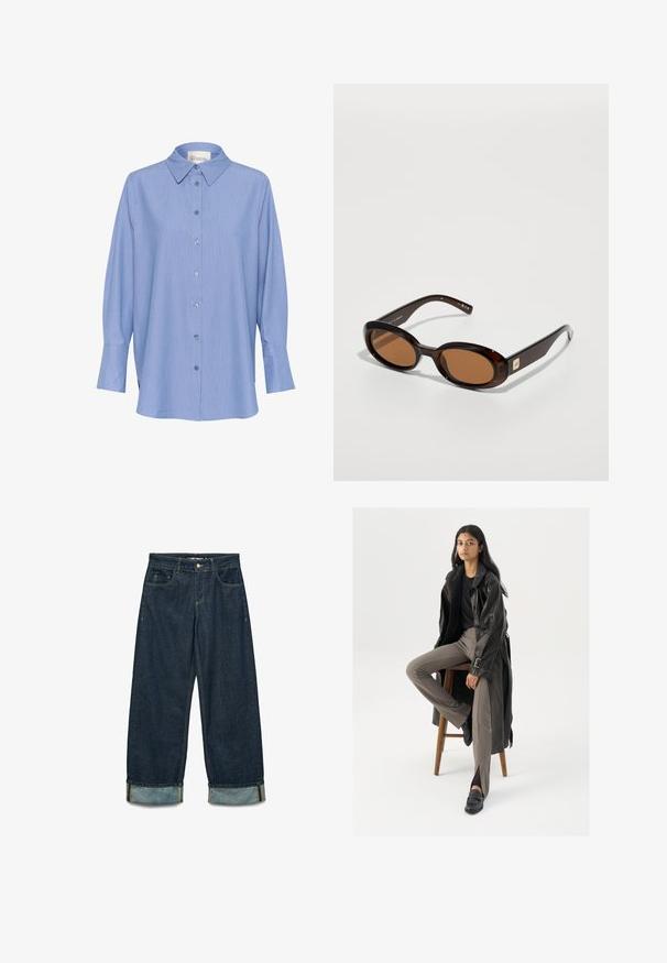 Sinise triibuline pika varrukaga särk, millel on klassikaline kaelus, nööpide kaudu kinnitamine ja pikad varrukad mansettidega. Kangas tundub sile ja kerge.; Tumedadest denim-püksid, laia lõikega, rullitud sääreotsadega, viie tasku ja kontrastsete õmblusdetailidega.; Must musta trench-jakk mustriga nuppudega ja vöödetailiga, koos heledatest pruunidest sobivaist pükstest ja mustadest loafers'itest, istudes puidust toolil.; Pruunist kilpkonnakuorest valmistatud päikeseprillid ovaalsete läätsedega, millel on õhuke raam ja väike metalline aktsent küljel. tekstuurne ja poleeritud pind.; Olive rohelise nahast käekott ümmarguse kujuga, kahe käepidemega ja sujuva esipaneeliga. Omab sileda tekstuuri ja peeneid õmblusdetailide.