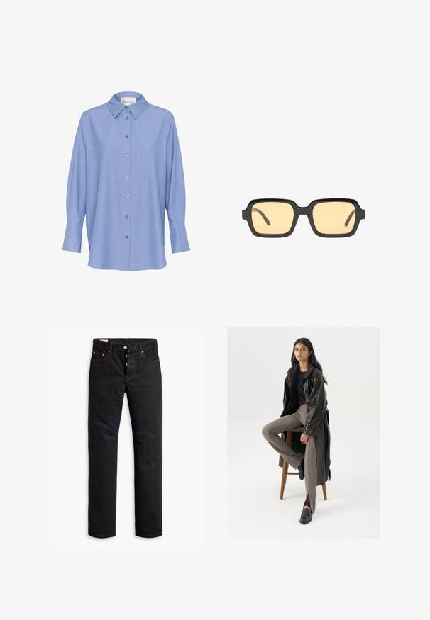 Camicia a maniche lunghe a righe blu con colletto classico, chiusura frontale con bottoni e maniche lunghe con polsini. Il tessuto appare liscio e leggero.; Jeans in denim nero con taglio dritto, design a cinque tasche e chiusura con bottoni. Presentano rivetti in rame e dettagli di cucitura.; Cappotto lungo in pelle nera con dettagli di bottoni e cintura, abbinato a pantaloni aderenti marrone chiaro e mocassini neri, seduto su uno sgabello di legno.; Occhiali da sole neri a forma rettangolare con lenti gialle, montatura leggera e angoli distintivi sui templi. Finitura liscia e lucida.; Borsa a mano in pelle nera con due manici allungati, chiusura con zip e forma rotonda; texture liscia con finitura leggermente lucida.