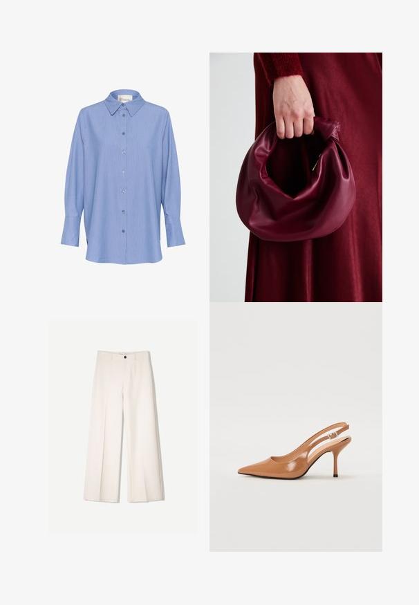 Kék csíkozott hosszú ujjú ing klasszikus gallérral, gombos elülső záródással és mandzsettával ellátott hosszú ujjal. Az anyaga simának és könnyűnek tűnik.; Tejbézs széles lábú nadrág, szabott kialakítással, két elülső zsebbel és egyetlen elülső gombos záródással, sima anyagból készült.; Fingerszűk, hegyes orrú, háttámlás sarokcipő sima, fényes barnás anyagból. Íves kivágású dizájn és karcsú stiletto sarkú. Ezüst csattal ellátva.; Burgundi bőrtáska puhán ráncolt dizájnnal és kerek alakban. A fogantyú rögzítve van, sima textúrával rendelkezik.