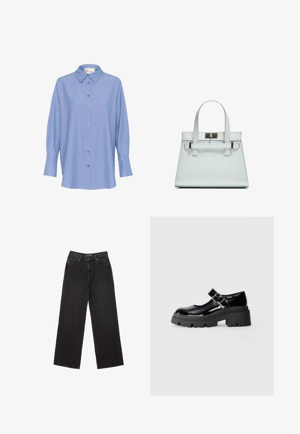 Niebieska koszula z długim rękawem w paski, z klasycznym kołnierzykiem, zapięciem na guziki z przodu oraz długimi rękawami z mankietami. Materiał wydaje się gładki i lekki.; Czarne dżinsy o szerokich nogawkach, wykonane z denimu, w małe kropeczki, klasyczny pięć kieszeniowy fason oraz zapięcie na guzik i suwak.; Czarne lakierowane buty Mary Jane z grubą czarną podeszwą, z boku z paskiem na klamrę i zaokrąglonym noskiem.; Jasnoniebieska torebka o strukturalnym designie, z dwoma uchwytami i zapięciem w srebrnym odcieniu. Teksturowany materiał i ostre krawędzie.