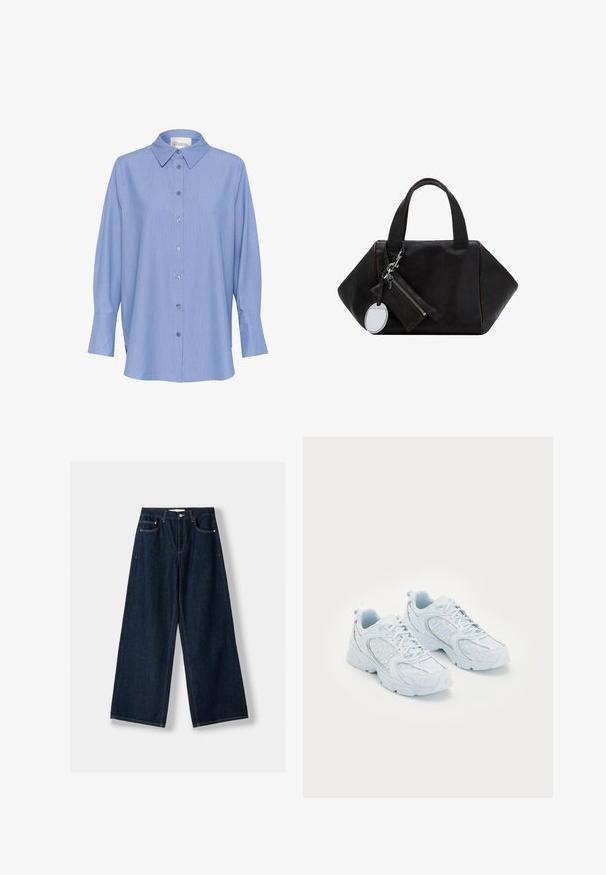 Blue striped long-sleeve shirt featuring a classic collar, button front closure, and long sleeves with cuffs. Fabric appears smooth and lightweight.; Dark blue, wide-leg jeans made of denim. Features five pockets, a button and zipper closure, and contrast stitching details.; Light blue athletic shoes with a mesh and synthetic upper, featuring white polka dots and reflective accents, lace-up design, and cushioned soles.; Black leather handbag with a geometric design, two short handles, and a detachable zipper pouch with a round mirror charm.