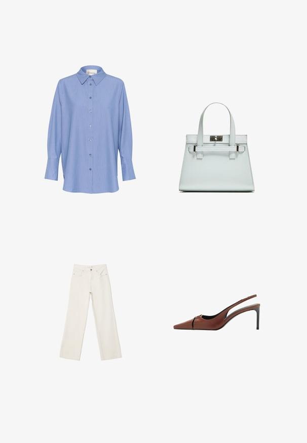 Langarmhemd mit blauen Streifen, klassischem Kragen, knopffrontverschluss und langen Ärmeln mit Manschetten. Der Stoff wirkt glatt und leicht.; Weiße lässige Jeans aus Denim mit hochgeschnittenem Bund, Fronttaschen und Knopfverschluss. Schlichtes Design mit minimalen Akzenten.; Braune Leder Slingback-Pumps mit spitzer Zehe, Ausschnittdetail am Vorderblatt und elegantem Stiletto-Absatz. Glatte Textur.; Helle blaue Handtasche mit strukturiertem Design, zwei Griffen und einem Beschlag aus silberfarbenem Metall. Texturiertes Material und scharfe Ecken.