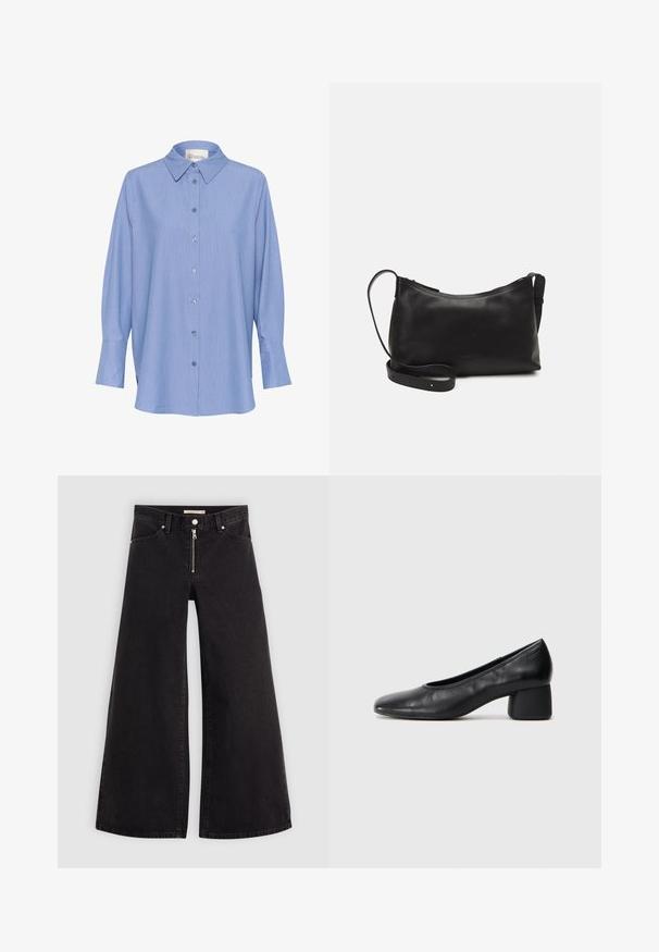 Camicia a maniche lunghe a righe blu con colletto classico, chiusura frontale con bottoni e maniche lunghe con polsini. Il tessuto appare liscio e leggero.; Jeans a gamba larga in denim nero con chiusura a zip, design a cinque tasche e dettagli di cucitura sottili. Texture morbida e stile casual.; Pantofole nere in pelle con punta arrotondata e tacco medio a blocco. Texture liscia con dettagli minimi, caratterizzata da un'apertura elastica sottile.; Borsa a spalla in pelle nera con una texture liscia, forma curva, tracolla regolabile e chiusura con zip. Design minimalista senza ornamenti.