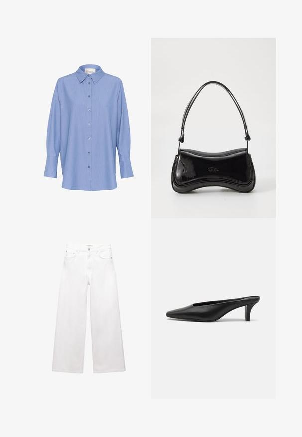 Blåstribet langærmet skjorte med klassisk krave, knaplukning foran og lange ærmer med manchetter. Stoffet virker glat og let.; Hvide bredde bukser lavet af bomuld, med høj talje, fem-lomme design og messingdetaljer. Glat, ikke-slidt tekstur.; Sorte læder mules med spids tå og lav stiletto hæl. Glat tekstur, minimalistisk design og åben bagdel for nem påtagning.; Sort patentlæder håndtaske med en buet form, et enkelt håndtag og en rund bund. Har en subtil logo-detalje på forsiden.
