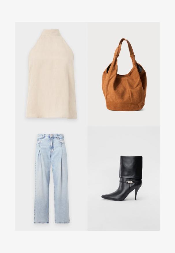 Haut halter beige, sans manches, en tissu doux avec une texture lisse, col montant et silhouette évasée. Style minimaliste.; Jeans en denim bleu clair avec taille haute, coupe large, deux poches latérales et design plissé. Texture douce avec une finition décolorée.; Bottine en cuir noir avec un bout pointu, un haut talon aiguille, un revers, et un détail décoratif en boucle dorée au niveau de la cheville.; Sac à épaule en daim brun avec une texture douce, une forme incurvée et deux poignées. Il présente un design minimaliste sans matériel ou accents visibles.