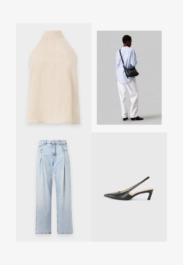 Bežinis halterio tipo viršus, be rankovių, pagamintas iš minkštos medžiagos su lygiu paviršiumi, aukštu golfo apykakle ir A formos siluetu. Minimalistinis stilius.; Šviesiai mėlyni džinsai su aukštu liemeniu, plačiomis kojomis, dviem šoninėmis kišenėmis ir raukinių dizainu. Minkšta tekstūra su nudilusia apdaila.; Juodas smailus slingback batelis su žemu kulnu, pagamintas iš lygaus odos paviršiaus ir su išpjovomis šone, užtikrinančiomis oro pralaidumą.; Juodas odinis petinis krepšys su minkšta tekstūra, trikampiu pavidalu ir reguliuojama juosta, derinamas su šviesiai mėlynu dryžuotu marškinėliu ir baltais džinsais.