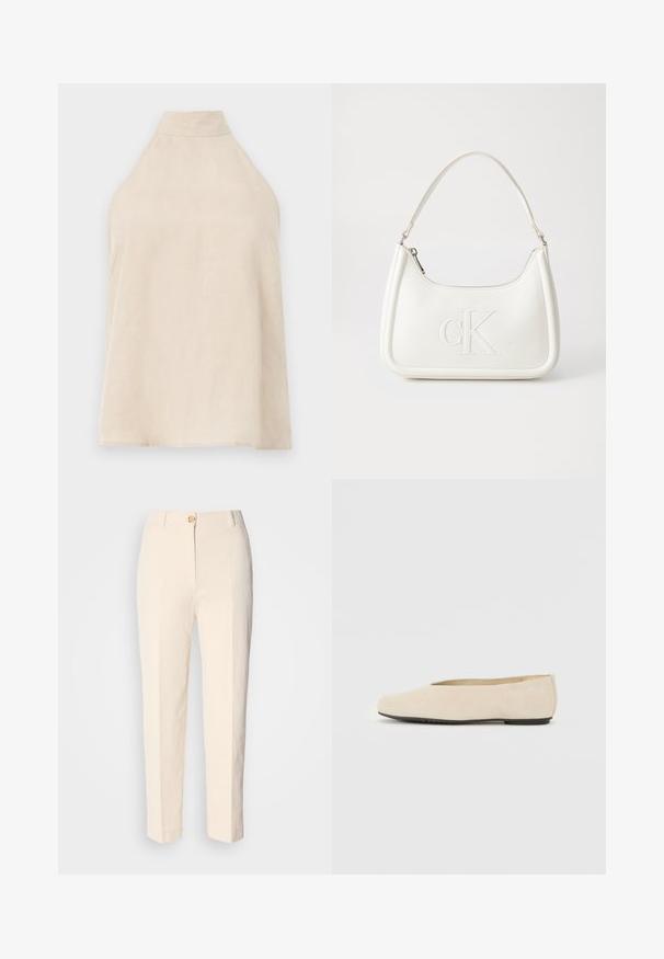 Bežinis halterio tipo viršus, be rankovių, pagamintas iš minkštos medžiagos su lygiu paviršiumi, aukštu golfo apykakle ir A formos siluetu. Minimalistinis stilius.; Kreminės spalvos, aukštu liemeniu kelnės, pagamintos iš tekstūruoto audinio. Turi priekinį mygtuko užsegimą ir siaurėjantį kirpimą.; Šviesiai ruda zomšinė balerina su apvalia nosimi, plokščiu padu ir minimalistiniu dizainu. Lygi tekstūra ir jokių matomų detalių ar puošmenų.; Balta odinė rankinė su išlenkta forma, su reljefiniu "CK" logotipu priekyje ir viena petneša. Užtrauktuko uždarymas viršuje.