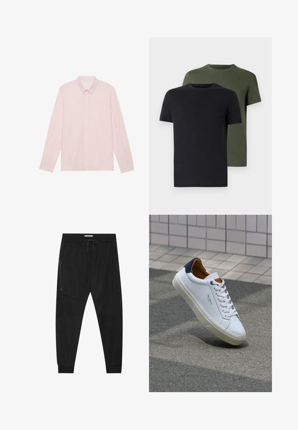 Camicia a maniche lunghe rosa chiaro con colletto a punta, realizzata in tessuto morbido, caratterizzata da una chiusura frontale con bottoni e un design minimal.; Due magliette a girocollo in nero e verde oliva, realizzate in morbido cotone. Il design è semplice, con maniche corte e un taglio dritto.; Pantaloni sportivi neri in tessuto texturizzato, dotati di una vita regolabile, tasca laterale con zip e polsini a gamba affusolata.; Sneaker bianca in pelle con tallone blu, punta rotonda e accenti marroni a contrasto. Presenta lacci piatti e suola in gomma testurizzata.