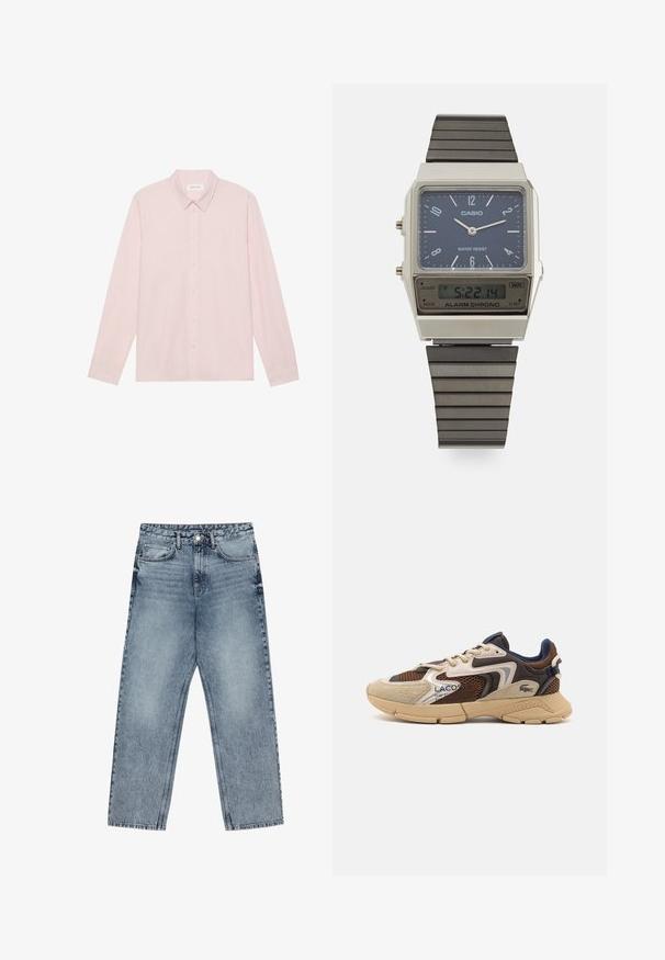 Világos rózsaszín, hosszú ujjú gombos ing, hegyes gallérral, sima anyagból készült, elülső gombolással és minimalista dizájnnal.; Világoskék farmernadrág egyenes szárú szabással, látható varrással, öt zsebes kialakítással és gombos derékkal.; Beige és barna sportcipő, textúrált hálós panelek, velúr díszítések és gumitalp jellemzi. Fűzős dizájnnal és márkázott részletekkel rendelkezik.; Casio digitális óra kékkel díszített számlappal, ezüst tokban és rétegezett fekete gumiszíjjal. Idő- és riasztásbeállításokat mutat. Vízálló.