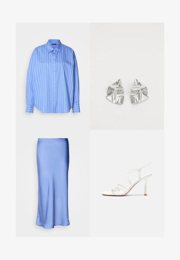 Light blue button-up shirt with white vertical stripes, a classic collar, and loose fit. Features long sleeves with buttoned cuffs.; Satin blue midi skirt with a smooth, lustrous finish. Flared silhouette, hem curves gently, highlighting its fluid design.; White strappy high-heeled sandal with a flat toe base, textured front with gathered accents, and a slim ankle strap.; Silver metal earrings with a wavy, sculptural design featuring a polished finish and irregular shapes, highlighting a contemporary aesthetic.