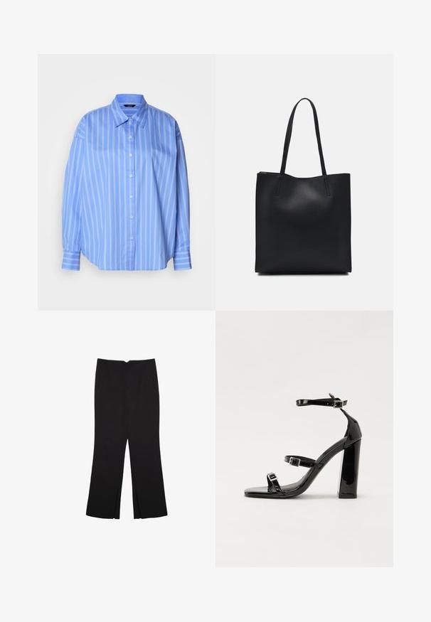 Vaaleansininen napitetty paita, jossa on valkoisia pystysuoria raitoja, perinteinen kaulus ja väljä istuvuus. Ominaisuuksiin kuuluvat pitkät hihat, joissa on napitettu kutistus.; Mustat housut suoralinjaisella leikkauksella, joissa on etutaskut ja sivurei'ät helman alla. Valmistettu pehmeästä ja sileästä kankaasta. Sopii eri tilaisuuksiin.; Musta kiiltäväpintainen korkokengät, joissa on kaksi solkikiinnitystä, neliönmuotoinen kärki ja paksu korko, sileällä, kiiltävällä pintarakenteella.; Mustapahkainen kangaskassi, jossa on sileä pinta, suorakaiteen muotoinen ja kaksi pitkää kahvaa. Ei näkyvää metalliosaa tai koristeita.