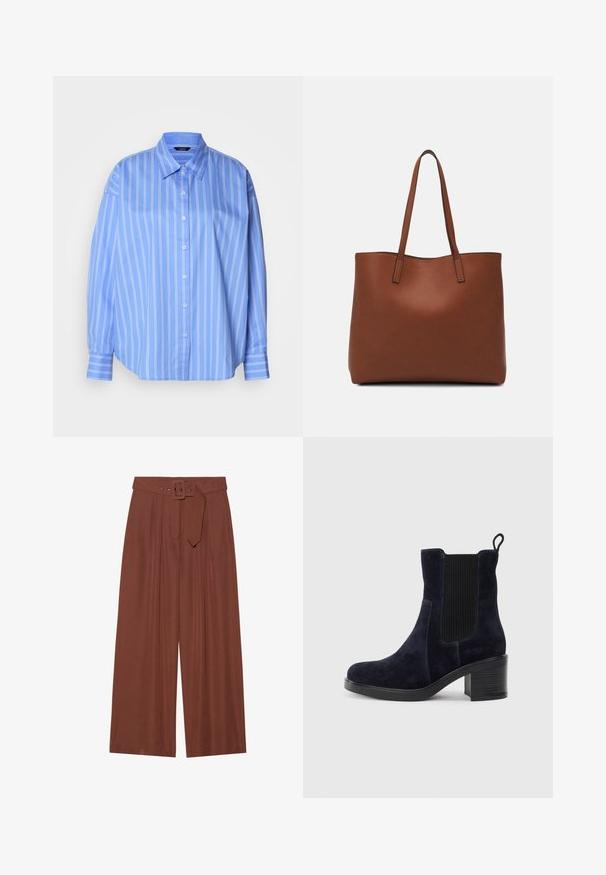 Camisa azul clara, de botão, com riscas brancas verticais, colarinho clássico e um corte solto. Apresenta mangas compridas com punhos abotoados.; Calças de perna larga em tecido castanho, com um cinto de fivela quadrada, design pregueado e textura suave.; Bota de tornozelo em camurça azul-marinho com painel elástico lateral, bico redondo e salto bloco. O tecido texturizado e a sola lisa criam um contraste.; Bolsa tote de couro castanho com uma textura suave, design de abertura superior e duas alças para o ombro. Apresenta costura mínima e sem hardware visível.