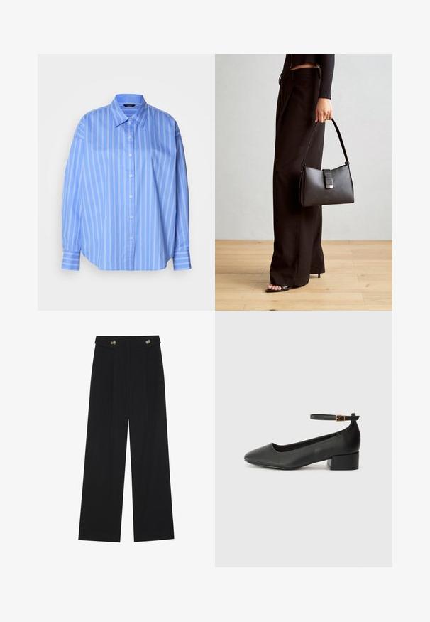 Camicia leggera blu chiaro con strisce verticali bianche, colletto classico e vestibilità comoda. Presenta maniche lunghe con polsini abbottonati.; Pantaloni neri a gamba larga con vita alta, dettagli con bottoni in vita e pieghe frontali.; Pump in pelle nera con punta affusolata e tacco basso a blocco. Presenta una cinghia alla caviglia con una fibbia in tonalità oro. Texture liscia.; Borsa nera con forma strutturata, texture liscia e una chiusura metallica. Abbinata a pantaloni neri larghi e sandali open-toe su un pavimento in legno.