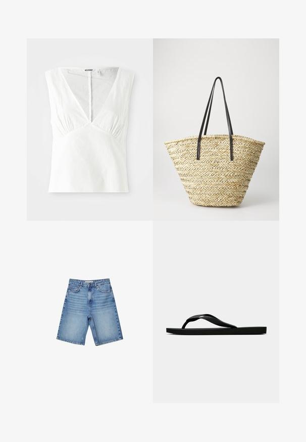 Bela brezrokavna majica z globokim V-izrezom, ki ima nabrane detajle ob straneh, izdelana iz teksturiranega blaga in s ravnim robom.; Denimske kratke hlače svetlo modre barve, s klasičnim pet-pocket dizajnom, zadrgo na sprednji strani in rahlim zbledanjem. Ravno krojene s obrobljenimi robovi.; Črne gumijaste japonke s teksturirano thong naramnico in preprostim ravnim podplatom, prikazane s strani na enobarvni svetli podlagi.; Tkana slamnata torba z široko, konusno obliko, ki ima dva črna usnjena ročaja. Naravna bež barva z teksturo.