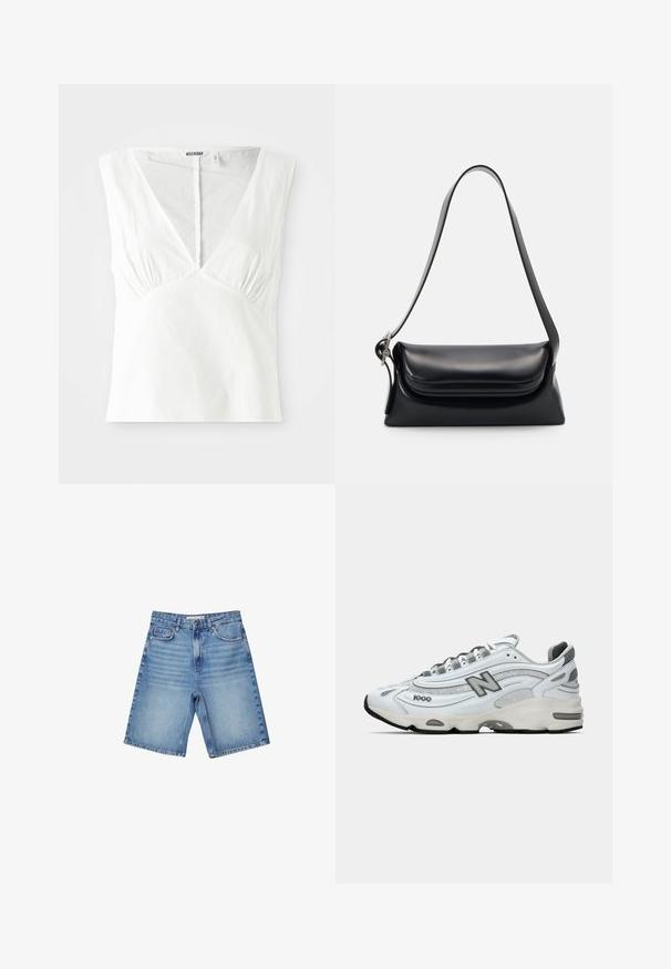 Bílý bezrukávový top s hlubokým výstřihem do V, s nařasenými detaily na bocích, vyrobený z texturované tkaniny a s rovným lemem.; Džínové šortky ve světle modré barvě, s klasickým designem pěti kapes, zipovým zapínáním a jemným vyblednutím. Rovný střih s ohrnutými okraji.; Bílé sportovní tenisky s šedými akcenty, síťovinou a syntetickými materiály, vlnitý design, polstrovaný límec a gumová podrážka s černým vzorem.; Černá kožená kabelka se strukturovaným tvarem, hladkým povrchem a jedním ramenním popruhem. Obsahuje jemně zaoblený design klopy.; Stříbrné kvartzové hodinky Casio s obdélníkovým ciferníkem, analogovým a digitálním zobrazením, nerezovým páskem a voděodolnými vlastnostmi.