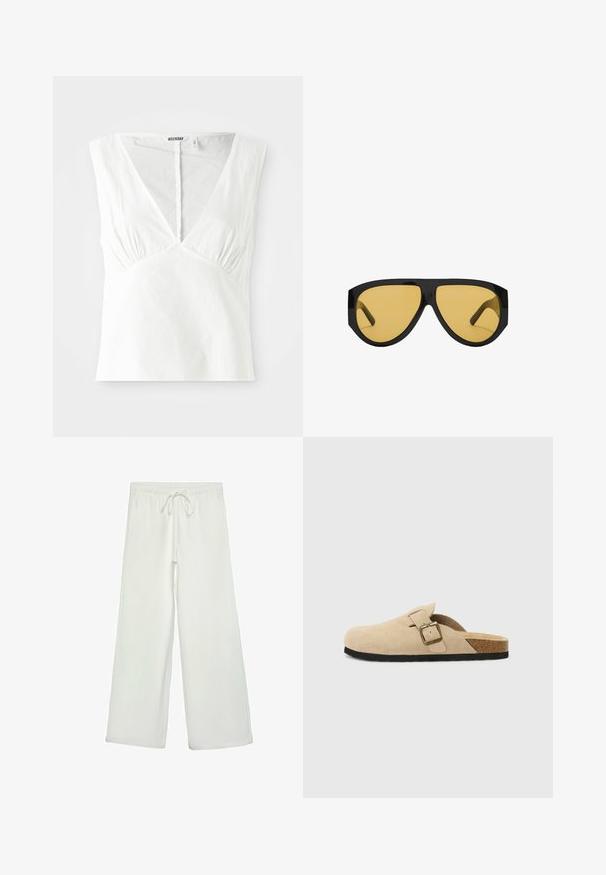 Hvid ærmeløs top med en dyb V-udskæring, der har sammensyninger på siderne, lavet af et struktureret stof, og en lige kant.; Hvide bukser med bred ejer lavet af blødt stof. Har en elastisk talje med snor og en glat tekstur. Ingen synlige mønstre eller hardware.; Beige ruskinds-sandaler med korkfodseng, rund tå og en enkel rem med en guldfarvet spænde. Gummisål for godt greb.; Sunglasses med en slank sort plastisk ramme og gule tonede linser, med en karakteristisk vinkelret form og brede stigegler for ekstra dækning.