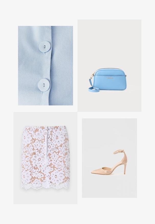 Šviesiai mėlyna audinio marškinių, kuriuose yra du apvalūs mygtukai su mygtukų skylutėmis, tekstūruoto audinio medžiaga ir tvarkingas mygtukų skyrius.; Balta nėriniuota sijonas su gėlių raštu, suapvalintu kraštu ir diskretiniais papuošimais. Turi prigludusį dizainą ir paslėptą užtrauktuką gale.; Nuogos patentinės odos batai su smailiu kojų galiuku, kulkšnies dirželiu ir smailiu kulnu, pasižymintys lygiu paviršiumi ir minimalistiniu dizainu.; Šviesiai mėlyna odinė per Petį nešama rankinė su auksinės spalvos detalėmis, užtrauktuko uždarymu ir priekinėmis kišenėmis. Yra reguliuojama dirželis patogumui.