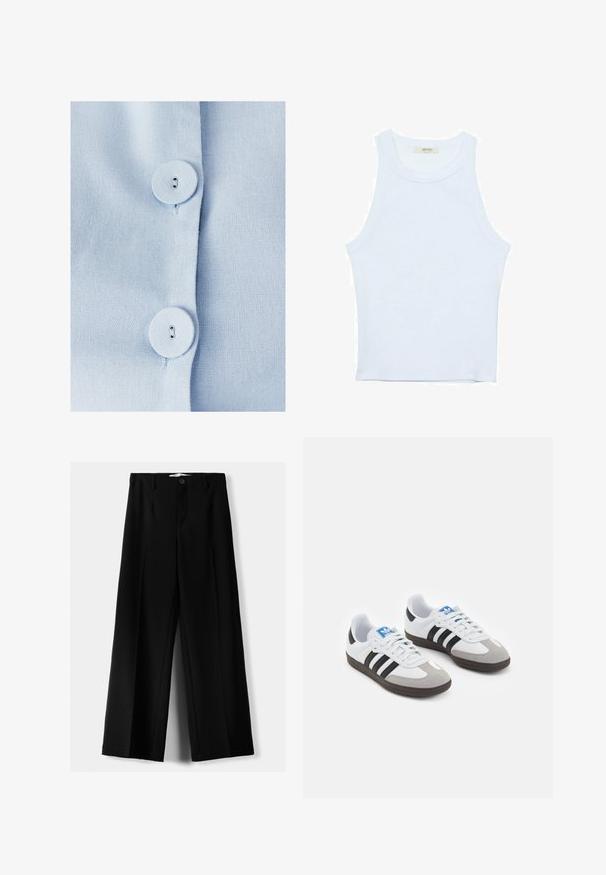 Lyseblå stofskjorte med to runde knapper med knaphuller, tekstureret vævet materiale og en pæn knaplukning.; Hvid tanktop, ribbet tekstur, rund halsudskæring, ærmeløs design, tætsiddende form, diskret branding på mærket inden i kraveområdet.; Sorte brede bukser lavet af letvægtsstof, med frontknaplukning og glat front, samt pænt syede kanter.; Sportsko med en overdel i hvid læder, grå ruskind på tåen og tre sorte striber. Har et blåt logo på tungen og en struktureret gummisål.