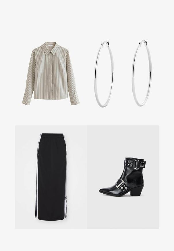 Chemise à rayures beige clair avec de sombres rayures verticales, dotée d'un col classique, de manches longues et d'une poche sur le côté gauche.; Débardeur gris côtelé avec un col rond et sans manches. Texture douce et coupe ajustée, idéal pour des looks décontractés ou en superposition.; Jupe de sport noire avec des rayures blanches sur les côtés, taille élastique et détail de logo. Fabriquée en tissu respirant, de longueur genou.; Bottine en cuir noir à bout pointu, avec des accents en boucle argentée et deux sangles avec œillets. Talon bas pour une meilleure stabilité.; Boucles d'oreilles créoles en argent avec une finition lisse et polie, un design sans couture, comportant des bords arrondis et un fermoir sécurisé.