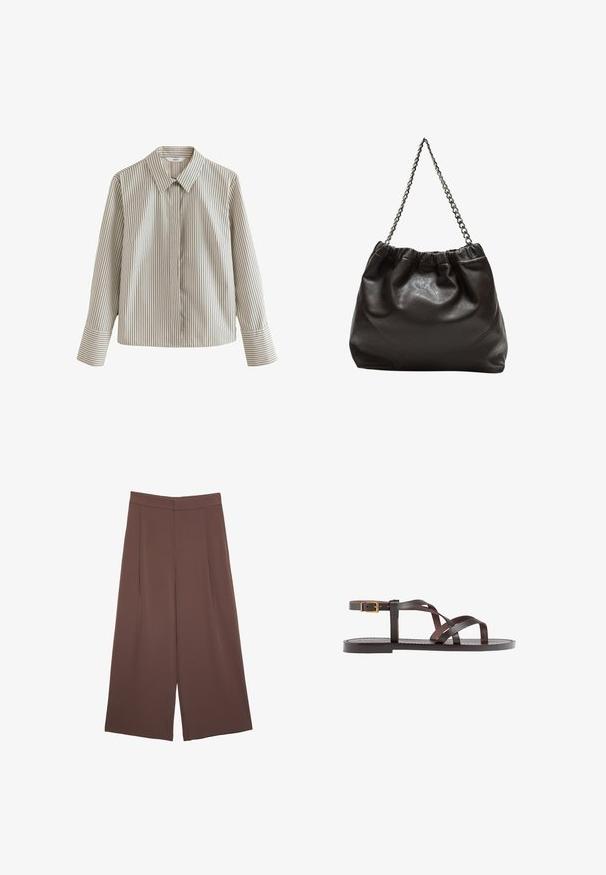 Camicetta a righe color beige chiaro con righe verticali scure, dotata di colletto classico, maniche lunghe e tasca sul lato sinistro.; Pantaloni ampi marroni con una texture liscia, caratterizzati da una vita alta e pieghe frontali. Il tessuto è leggero e scorre liberamente.; Sandal in pelle marrone con cinturini incrociati, chiusura con cinturino alla caviglia e suola piatta con dettagli di cucitura minimi.; Borsa in pelle marrone con parte superiore arricciata e tracolla a catena. Texture liscia con finitura lucida e dettagli di cucitura sottili sui lati.