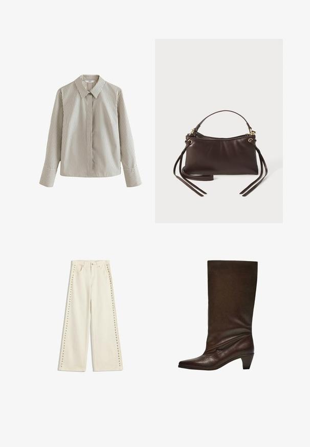 Camicetta a righe color beige chiaro con righe verticali scure, dotata di colletto classico, maniche lunghe e tasca sul lato sinistro.; Jeans a gamba larga color crema chiaro con accenti in metallo lungo le cuciture esterne, cinque tasche e chiusura a bottone standard.; Stivale in pelle marrone scuro, a metà polpaccio, con tacco basso impilato, punta affusolata e asta leggermente scivolata su uno sfondo bianco.; Borsa a tracolla in pelle marrone con una parte superiore curvata, manico corto e cinghie lunghe. Presenta dettagli in oro e una superficie liscia.