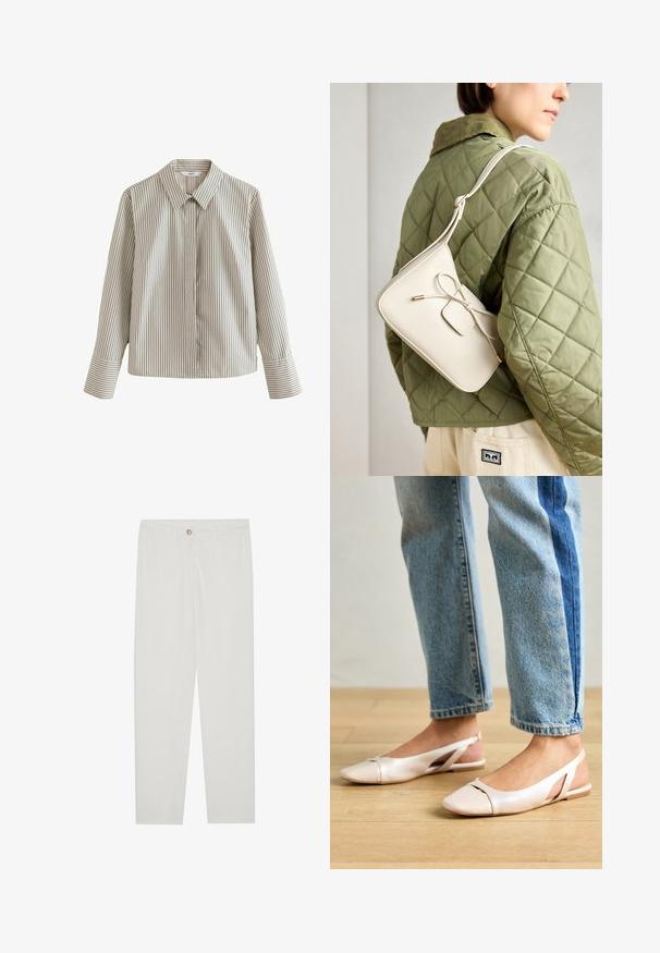 Cămașă cu dungi, de culoare bej deschis cu dungi verticale închise, având un guler clasic, mâneci lungi și un buzunar pe partea stângă.; Pantaloni albi, croiți, cu un design drept al piciorului, având sistem de închidere cu nasture, bucle pentru curea și buzunare laterale; textură de țesătură netedă.; Sandalete plate de un roz pal cu vârf ascuțit, realizate dintr-un material asemănător pielii, neted. Prezintă detalii decupate pe laterale și un toc plat.; Geantă de umăr din piele bej, cu detaliu în formă de fundiță, accesorii aurii și o curea ajustabilă, purtată peste o jachetă verde matlasată.