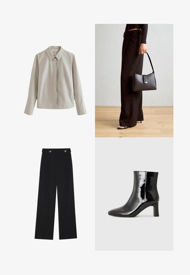 Dryžuotas šviesiai bežinis marškinėliai su tamsiomis vertikaliomis juostelėmis, turintys klasikinį apykaklę, ilgas rankoves ir kišenę kairėje pusėje.; Juodi plačios kojos kelnės su aukštu liemeniu, sagų detalėmis ant liemens ir priekinėmis raukšlėmis.; Juodos lakuotos odinės aulinukės su smailiu pirštu ir vidutinio aukščio blokuotu kulnu. Lygus paviršius ir minimalistinis dizainas.; Juodas rankinė struktūrizuota forma, lygi tekstūra ir metalinis užsegimas. Suporuota su plačiomis juodomis kelnėmis ir atvirais bateliais ant medinių grindų.