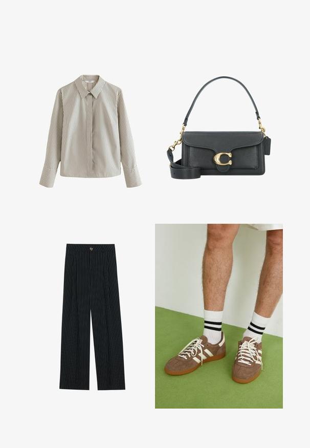 Cămașă cu dungi, de culoare bej deschis cu dungi verticale închise, având un guler clasic, mâneci lungi și un buzunar pe partea stângă.; Pantaloni largi cu dungi negre, confecționați dintr-un material texturat, dotati cu închidere frontală cu nasture și un design pliat pentru un plus de interes.; Adidași maro din suede cu accente și șireturi albe. Talpă din cauciuc de culoare caramel. Purtați cu șosete albe cu dungi negre. Pardoseală verde texturată.; Geantă de piele neagră cu un accent din fier forjat auriu, având un închizător semnătură, curea de umăr detașabilă și o suprafață texturată.