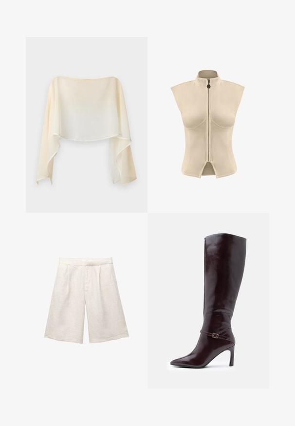 MAX&Co. NEWCIOE - Blouse - off white; Beige sleeveless jacket with a high collar and central zipper. Smooth fabric with a structured shape and split hem at the bottom.; Beige linen shorts with a wide leg, featuring front pleats and a smooth waistband. The fabric has a slightly textured finish.; Brown leather knee-high boots with a pointed toe, stiletto heel, and a decorative buckle strap around the ankle. Smooth texture.