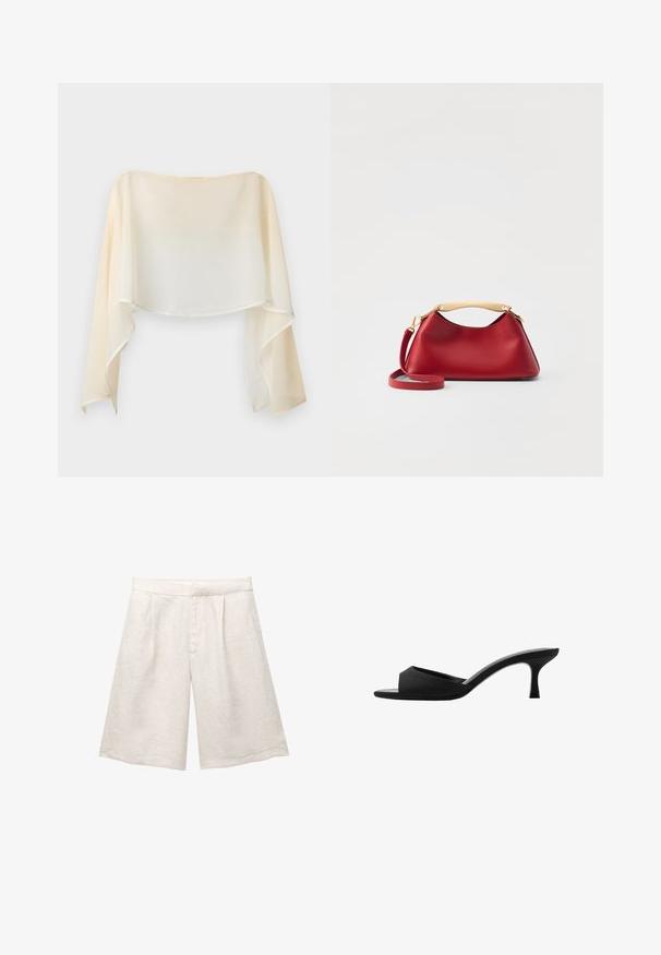 MAX&Co. NEWCIOE - Camicetta - off white; Pantaloni corti in lino beige con gamba larga, caratterizzati da pince frontali e una cintura liscia. Il tessuto ha una finitura leggermente testurizzata.; Mule nere con tacco alto, dotate di una punta larga e aperta e di una parte superiore curva. Realizzate in tessuto texture, presentano un tacco sottile e una suola liscia.; Elleme MINI BOOMERANG - Borsa a tracolla - Red