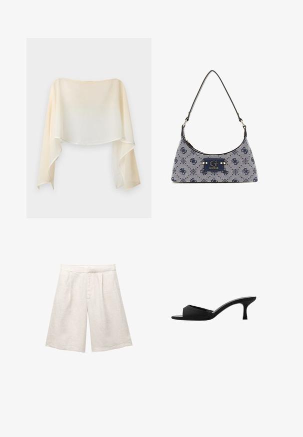 MAX&Co. NEWCIOE - Blúzka - off white; Béžové ľanové šortky so širokými nohavicami, s prednými záhybmi a hladkým pásom. Tkanina má jemne textúrovaný povrch.; Čierne podpätkové mule s širokým, otvoreným prstom a zakriveným zvrškom. Vyrobené z textilného materiálu, s úzkym podpätkom a hladkou podrážkou.; Taška v štýle hobo v námorníckej modrej látke s diamantovým vzorom, s logovou plaketou a hladkým popruhom na rameno. Textúrovaný povrch.