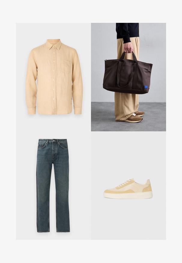 Bežs garām piedurknēm linu krekls ar pogājamām apkaklēm, priekšējo kabatu un gludu, nedaudz teksturētu virsmu. Klasisks fit un vienkāršs dizains.; Tumši zili džinsi ar taisnas kājas dizainu, kas aprīkoti ar piecām kabatām, pogu aizdari un kontrastējošiem dūrieniem.; Sarkani kedu no gaišas dzeltenas zamšas un ādas, ar mīkstinātu zoli un izšūti akcenti. Klasisks auklu aizdare ar noapaļotu purngalu.; Brūns neilona iepirkumu soma ar divām rokturiem, ar rāvējslēdzēju aizvēršanu un zilu logotipa uzlīmi. Gluda tekstūra, strukturēts dizains, plašs iekšējais nodalījums.