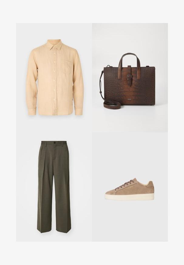 Beżowa lniana koszula z długim rękawem, z kołnierzykiem zapinanym na guziki, kieszenią z przodu oraz gładką, lekko teksturowaną powierzchnią. Klasyczny krój i prosty design.; Filippa K - Spodnie materiałowe; Beżowe zamszowe sneakersy z okrągłym noskiem, kremową gumową podeszwą i brązowymi sznurówkami. Posiadają wytłoczone logo marki z boku oraz teksturowany materiał.; Brązowa torebka ze skórzanym tłoczeniem w kształt krokodyla, z górnymi uchwytami i odpinanym paskiem na ramię. Posiada zapięcie na klamrę i prostokątny kształt.