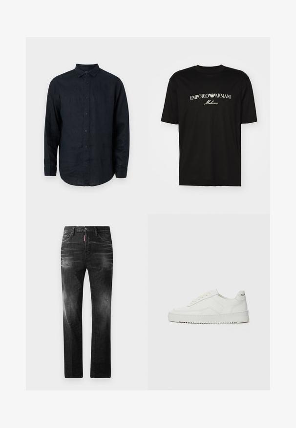 Tummansininen pitkähihainen nappipaita, joka on valmistettu pellavasta. Siinä on terävä kaulus ja hieman kaareva helma napillisten hihansuiden kanssa.; Musta puuvillapaita, jossa on pyöreä kaula-aukko, lyhyet hihat ja valkoinen "EMPORIO ARMANI" -logo, jonka yläpuolella on kaarevassa muodossa "Milano".; Mustat denimfarkut suoralla istuvuudella. Ominaisuuksiin kuuluu haalistuneita alueita, pieniä kulumia, klassinen viiden taskun malli sekä nappisulku.; Valkoinen nahkakenkä, jossa on sileä pinta, pyöreä kärki, tasaiset nauhat ja teksturoitu pohja. Sisältää huomaamattoman logon kantapäässä.