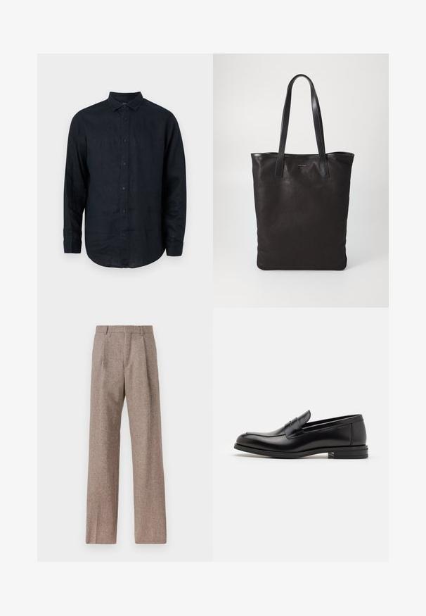Temno mornarsko modra srajca z dolgimi rokavi in gumbi, izdelana iz lanu. Ima koničasto ovratnico in rahlo ukrivljen rob z gumbnimi manšetami.; Rjave hlače z visokim pasom, izdelane iz teksturirane tkanine. Imajo široke noge in dve sprednji pregibi za strukturo. Urejen zaključek brez vidne strojne opreme.; Črne usnjene loafer čevlje z gladko teksturo, zaobljenim nosom in dekorativnim trakom čez zgornji del. Nizka zložena peta, minimalističen dizajn.; Črna platnena torba s črnimi usnjenimi ročaji. Preprost dizajn, prostorna notranjost in gladka tekstura. Brez vidnih logotipov ali vzorcev.