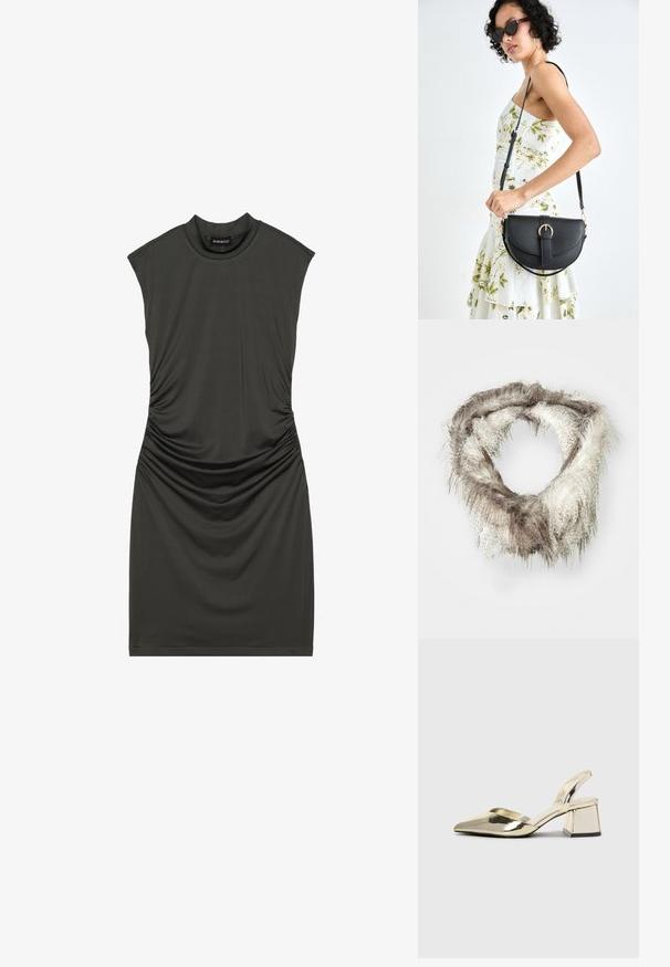 Lažni krzneni infinity šal v svetlo rjavi in smetani barvi, z puhasto teksturo in različnimi dolžinami krzna ter okroglo zasnovo.; Temno zelena brezrokavna obleka z visokim ovratnikom, s stransko nagubanjem, izdelana iz gladkega, elastičnega materiala.; Zlati, kovinski slingback čeveljci z ostrim nosom in masivnim peto. Gladka tekstura, minimalistična zasnova in ozka zanka.; Črna usnjena torbica s ukrivljeno obliko, z odstranljivo naramnico in zlatimi dodatki. Torbica ima pokrov s podrobnostmi v obliki zaponke.