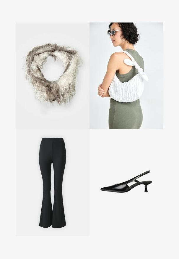 Sciarpa infinita in pelliccia sintetica di colore marrone chiaro e crema, caratterizzata da una texture soffice con lunghezze di pelo variabili e un design circolare.; Pantaloni neri a campana realizzati in tessuto elastico. Presentano una vita alta e un design liscio e aderente che si allarga dal ginocchio in giù.; Tacchi slingback in pelle verniciata nera con punta affusolata, design con tagli laterali e tacco quadrato piccolo. Texture liscia con dettagli minimi.; Borsa bianca trapuntata con texture liscia e fiocco annodato, indossata a tracolla. Modella in abito oliva con scollatura curva.