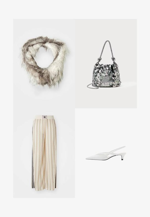 Lažni krznasti beskrajan šal u svijetlo smeđoj i krem boji, s pahuljastom teksturom koja ima različite dužine krzna i kružni dizajn.; Pantalone širokog kroja krem boje s zigzag uzorkom, koji sadrži sivi pojas s crnim logotipom i bočne crne pruge. Lagani, teksturirani materijal.; Bijela slingback potpetica s oštrom punta, koja ima glatki gornji dio, suptilne izreze i nisku blok potpeticu. Crna potplata naglašava dizajn.; Mala sačinjena od srebrne boje, prekrivena velikim šljokicama, s čvorastim ručke i lančićem, na prednjoj strani s logotipom Guess.