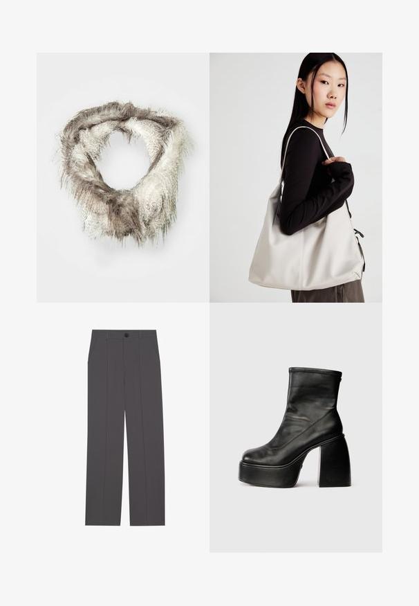 Bufanda infinity de pelo sintético en marrón claro y crema, con una textura esponjosa que presenta longitudes de pelo variables y un diseño circular.; Pantalones grises con un diseño de pierna recta, que cuentan con dos bolsillos laterales y un cierre de botón. Tejido suave sin patrones o acentos visibles.; Botas de cuero negras hasta el tobillo con punta redonda, textura suave y un tacón grueso prominente. Presentan una cremallera lateral. Diseño minimalista.; Bolso de mano beige hecho de material suave, con un diseño holgado, detalles cosidos y dos asas. Adecuado para uso diario.