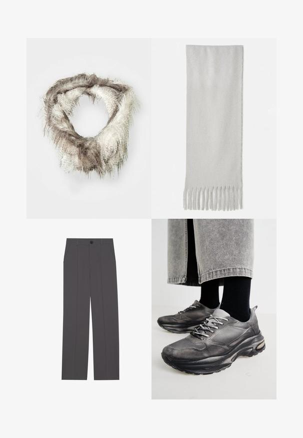 Nepbont infinity sjaal in lichtbruin en crème, met een fluffy textuur en variërende lengtes van bont, in een circulair ontwerp.; Grijze broek met een recht model, voorzien van twee zijzakken en een knoopsluiting. Gladde stof zonder zichtbare patronen of accenten.; Zwarte en grijze sport schoenen hebben een mesh bovenkant, dikke zolen en veters. Ze hebben een ronde neus en zichtbare dempingsdetails.; Grijs sjaal van een zachte textuur met franjes aan de uiteinden, in een rechthoekige vorm en met een gladde afwerking.