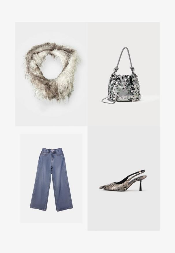 Sciarpa infinita in pelliccia sintetica di colore marrone chiaro e crema, caratterizzata da una texture soffice con lunghezze di pelo variabili e un design circolare.; Jeans in denim a gamba ampia di un blu chiaro, caratterizzati da una vita alta, tasche frontali e una chiusura con bottone e passanti per cintura.; Scarpe slingback con punta affilata realizzate in materiale a stampa serpente testurizzato, con tacco nero sottile e un design con ritagli sui lati.; Piccola borsa argentata decorata con grandi paillette, con manico annodato e tracolla a catena, che presenta il logo del marchio Guess sulla parte frontale.