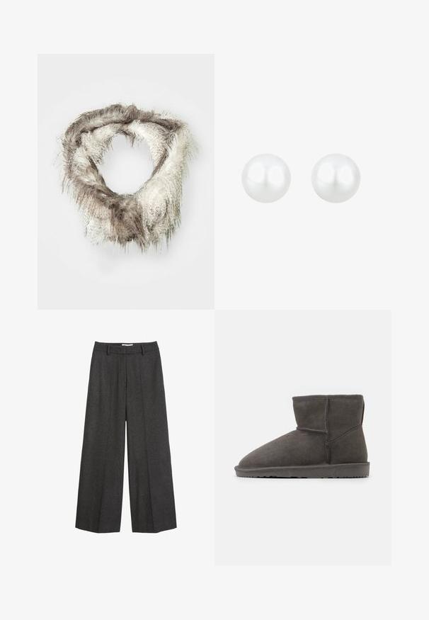 Faux fur infinity tørklæde i lys brun og cremet farve, der har en fluffy tekstur med varierende længder af pels og et cirkulært design.; Bredde bukser i mørkegrå stof. Har en skræddersyet talje med bæltesløjfer, glat tekstur og minimale syninger som detaljer.; Grå ruskind ankelstøvle med spids tå og blødt indre foder. Har en flad gummisål og minimal syning.; Elli PERLEN MUSCHELKERNPERLEN ELEGANT BASIC - Øreringe - weiß; Sort pung lavet af syntetisk materiale med tekstureret overflade, der har et guld trekantet logo og en lynlås lukning med et håndledsrem.