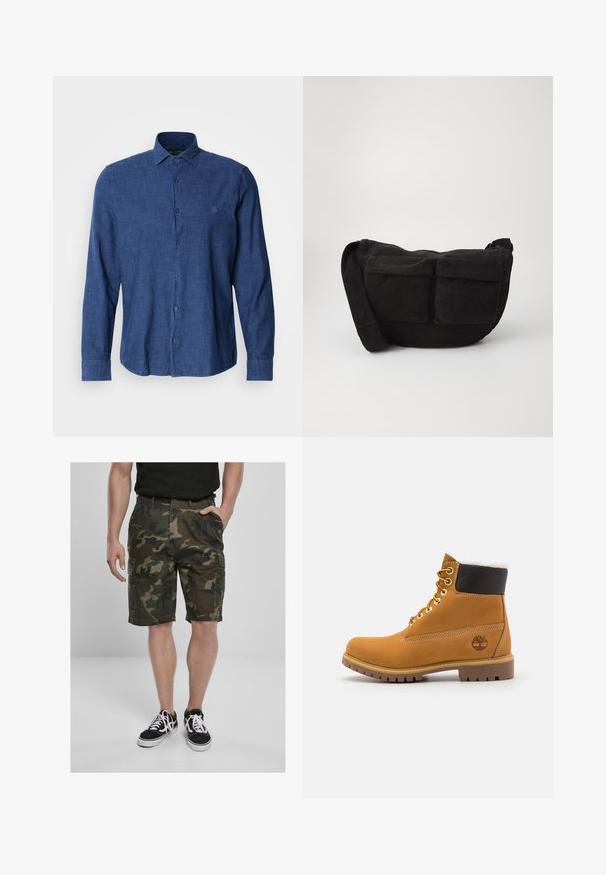 Modra srajca z dolgimi rokavi iz teksturirane tkanine, ki ima klasičen ovratnik, gumbasto zapiranje in diskretno izvezene logotipe na prsih.; Kamuflažne cargo šortse z cargo žepi, izdelane iz tkanine v zelenih in rjavih odtenkih. V kombinaciji s črnimi športnimi copati z belimi vezalkami.; Rjave usnjene gležnjarje z metalnimi luknjami, belim krznom na notranji strani, črnima oblazinjeno ovratnikom, trdo podplatom in vtisnjenim logotipom na strani.; Črno kordurojno crossbody torbico z nastavljivim trakom, ki ima sprednje žepe in mehko teksturo. Kompaktna zasnova z minimalnim okrasjem.