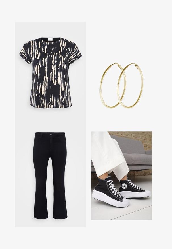 Črna in krema prugasta majica s kratkimi rokavi in okroglim izrezom, ki ima vzorec, podoben akvarelu, ter mehko, lahkotno blago.; ONLY Carmakoma CARTHUNDER PUSH UP - Kavbojke na trapez - black denim; Črne platnene visoke superge z belimi gumijastimi podplati in vezalkami. Imajo krožni logotip na strani in kontrastno bele šive.; Zlate obročaste uhane z gladkim, zaobljenim dizajnom in sijočo končno obdelavo. Lahka konstrukcija z varnim zapiranjem.