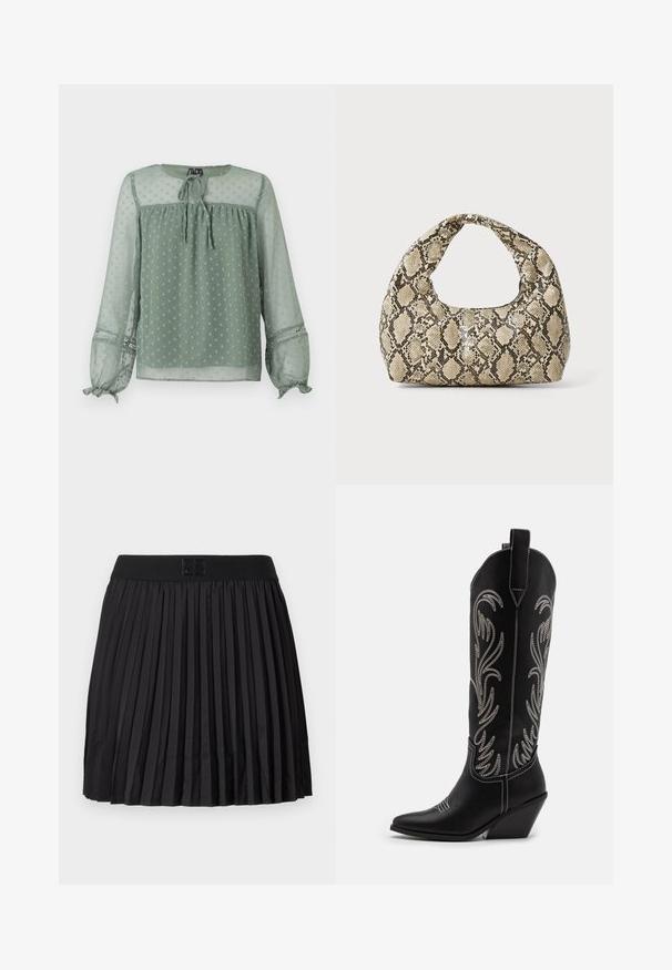 Caura zaļa blūze ar punktiņu rakstu, apaļš kakls, saišu detaļa priekšā un elastīgas aproces ar dekoratīviem akcentiem.; Melna plātnēta svārku ar gludu tekstūru, ar vienkrāsainu melnu jostas daļu un reljefu logotipa detaļu priekšpusē.; Melnas ādas kovboju zābakus ar norādītām pirkstiem, sānām paceltu papēdi un sudraba izšūtām ziedu rakstiem gar zābaka kāju. Kontrasta dūrieni visā zābakā.; Čūsku raksta soma ar izliekto rokturi. Izgatavota no teksturētiem, bēšiem un brūniem materiāliem, ar izteiksmīgu dimanta rakstu.