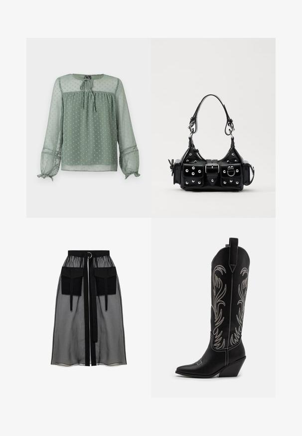 Ohut vihreä paita, jossa on pilkkuprintti, pyöreä pääntie, nauhat edessä ja kuminauhakiristys hihansuissa, joissa on koristeellisia yksityiskohtia.; Musta läpinäkyvä hame, jossa on kerätty vyötärö, kaksi suurta etutaskua, vyönauha ja pyöreä metallikoriste.; Mustat nahkasaappaat cowboy-tyyliin, joissa on terävät varpaat, viistot korot ja hopeiset brodeeratut kukkakuviot varressa. Eroava ompelu koko saappaassa.; Musta nahkainen käsilaukku, jossa on kaareva muotoilu, hopeiset niitit, solki ja kaksi sivutaskua. Säädettävä olkahihna erilaisiin kantovaihtoehtoihin.