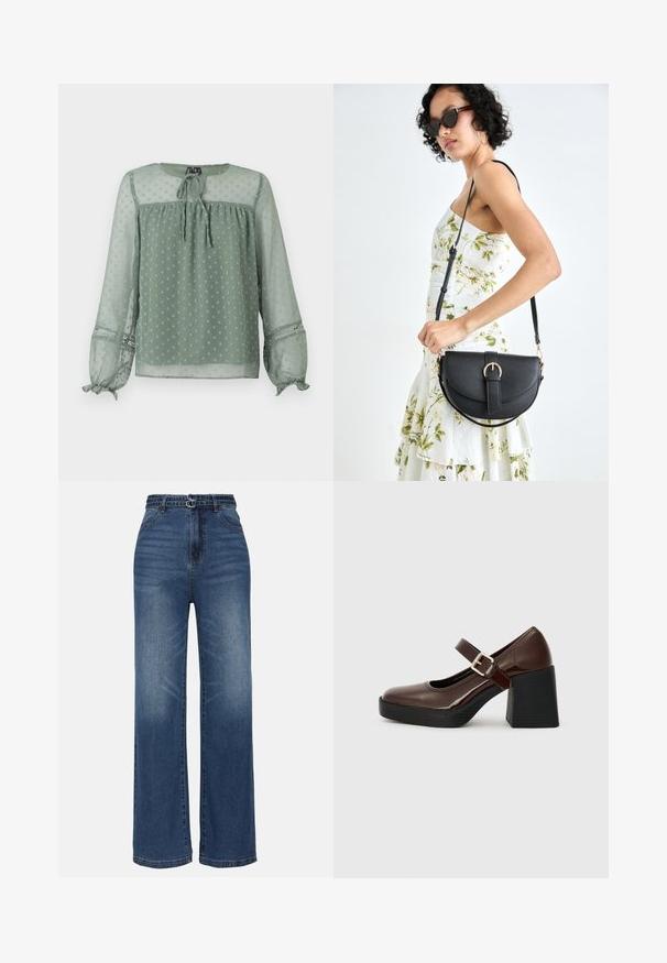 Blouse verte transparente avec un motif à pois, décolleté rond, détail de nœud à l'avant et poignets élastiques avec des accents décoratifs.; Jean en denim bleu à jambe large avec taille haute, présentant deux accents de boucle en métal, un délavage léger et un design standard à cinq poches.; Chaussures Mary Jane en cuir verni marron avec un talon carré, dotées d'une sangle à boucle et d'un bout arrondi, reposant sur une semelle noire texturée.; Sac à main en cuir noir avec une forme courbée, bandoulière amovible et des accessoires en or. Le sac est doté d'un rabat avec un détail de boucle.